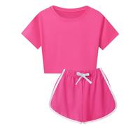 Children's Short Sleeved Shorts Set Solid Color 8 Color Leisure Suit Sports Suit Cycling Play Sports Crop Top Outfits for Kids (Hot Pink, 3-4 Years)