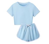 Children's Short Sleeved Shorts Set Solid Color 8 Color Leisure Suit Sports Suit Cycling Play Sports Crop Top Outfits for Kids (Blue, 3-4 Years)