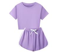 Children's Short Sleeved Shorts Set Solid Color 8 Color Leisure Suit Sports Suit Cycling Play Sports Crop Top Outfits for Kids (Purple, 5-6 Years)