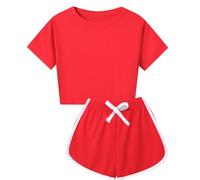 Children's Short Sleeved Shorts Set Solid Color 8 Color Leisure Suit Sports Suit Cycling Play Sports Crop Top Outfits for Kids (Red, 9-10 Years)