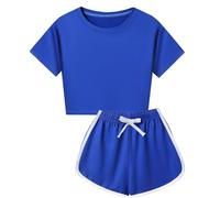 Children's Short Sleeved Shorts Set Solid Color 8 Color Leisure Suit Sports Suit Cycling Play Sports Crop Top Outfits for Kids (Dark Blue, 9-10 Years)