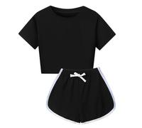 Children's Short Sleeved Shorts Set Solid Color 8 Color Leisure Suit Sports Suit Cycling Play Sports Crop Top Outfits for Kids (Black, 9-10 Years)