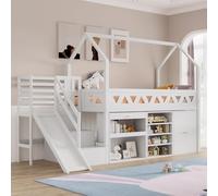Children's Single Bed with Slide & Stairs, Multifunctional Solid Wood Bed Frame with Storage Drawers, Magnetic Locker Door,White,90x190cm