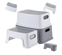 Relaxdays Children's Step Stool, 2-step, HxWxD: 25.5 x 33 x 38.5 cm, non-slip, PP/TPE, 6 handles, white/grey