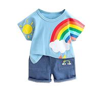 Children's Suit Set Boys 92 Toddler Kids Baby Boy Comics Rainbow Print T-Shirt Jeans Denim Shorts Outfits Festive Outfit Boy 80, blue, 3-4 Years