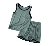 Children's Summer Vest Shorts Set Loose Boys and Girls Thin Sleeveless Pajamas Round Neck Children's Home Wear Ties Toddler Boys Gift New Born Boy Green