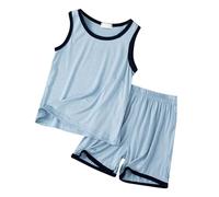 Children's Summer Vest Shorts Set Loose Boys and Girls Thin Sleeveless Pajamas Round Neck Children's Home Wear Ties Toddler Boys Gift New Born Boy Blue