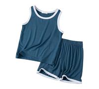 Children's Summer Vest Shorts Set Loose Boys and Girls Thin Sleeveless Pajamas Round Neck Children's Home Wear Ties Toddler Boys Stripe Navy