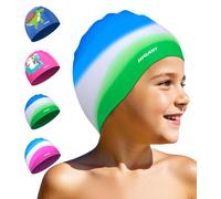 Children's Swimming Cap - Silicone Cap for Girls and Children 3-15 Years, Swimming Cap with Waterproof and UV Resistant, Suitable for Swimming and Diving (Green - White - Blue, L)