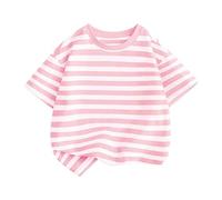 Children's T Shirt Short Sleeved Stand Up Collar Striped Top Casual Going Out for Boys Or Girls Girl Sports Shirt (Pink, 7-8 Years)