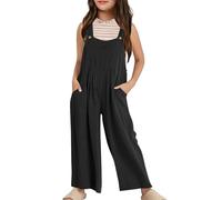 Childrens Teens Girls Wide Leg ungarees Sleeveless Wide Strap Loose Solid Square Neck Jumpsuits Baggy Wide Leg with Pockets Overall Teen Romper Casual Clothes (Black, 9-10 Years)