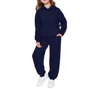 Children's Unisex Casual Solid Color Long Sleeved Sweatshirt and Sweatpants Set for Boys and Girls Girls Baby Outfits (Navy, 13-14 Years)