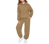 Children's Unisex Casual Solid Color Long Sleeved Sweatshirt and Sweatpants Set for Boys and Girls Girls Baby Outfits (Khaki, 11-12 Years)