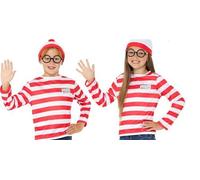 Smiffys Where's Wally Instant Kit, Childrens Red & White Top, Hat & Glasses, Official License Kit with Iconic Logo, Perfect for Themed Parties or World Book Day or Halloween
