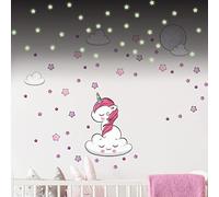 Children's Wall Stickers - Baby Room Decoration - Children's Wall Sticker - Dreamy Unicorn and 70 Stars (60 x 65 cm) + 100 Glow in The Dark Stars Stickers