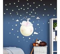 Children's Wall Stickers - Baby Room Decoration - Children's Wall Sticker - Elephant and Rabbit on The Moon and 110 Stars (140 x 120 cm) + 100 Glow in The Dark Star Stickers
