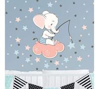 Children's Wall Stickers - Baby Room Decoration - Children's Wall Stickers - Elephant on Cloud + 110 Stars - Boy's Wall Sticker - Height 35 x Length 30 cm