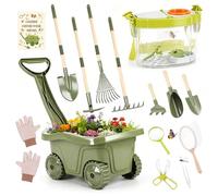 Children's Wheelbarrow - 17 Piece Children's Gardening Kit with Long and Short Tools, Insect Observation Box, Magnifying Glass, Butterfly Net & Accessories - Gardening + Nature Exploration Set for