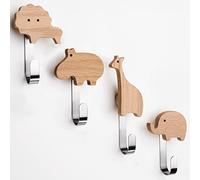 Children's Wooden Coat Hooks (Oak) Coat Hooks and Coat Hooks for Children's Bedrooms High Quality Animal Wall Hooks Lion Giraffe Elephant Hippo (Set of 4) Cute Kids Coat Rack