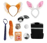 Childs Animal City Couples Costume - Medium - Police Vest, Police Badge, Bunny Ears and Tail, Fox Ears and Tail, Blue & Beige Striped Tie, Facepaint - Kids TV Film Fancy Dress Costume Set