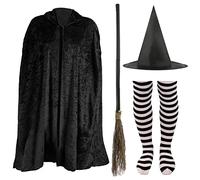 Childs Black Velour Cape and Witch Hat, Broom, Striped Tights - Standard Size - Perfect For Halloween World Book Day Fancy Dress