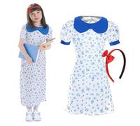Child's Bookworm Costume - Large - White Dress With Blue Floral Detail and Red Headband - Perfect for World Book Day
