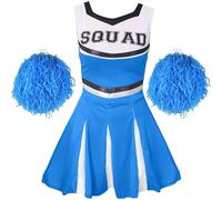Childs Cheerleader Fancy Dress Costume - Girls Cheerleader Costume for Kids with Pom Poms - Blue Cheer Uniform (4-6 Years)