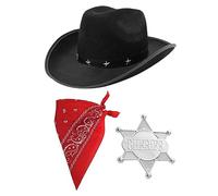 Childs Cowboy Accessory Set - Black Star-Studded Cowboy Hat, Red Paisley Bandana, Silver Sheriff Badge - Kids 3-Piece Cowboy Ranger Sheriff Fancy Dress Costume Accessory Set