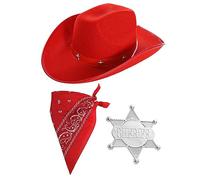 Childs Cowboy Accessory Set - Red Star-Studded Cowboy Hat, Red Paisley Bandana, Silver Sheriff Badge - Kids 3-Piece Cowboy Ranger Sheriff Fancy Dress Costume Accessory Set