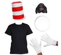 Childs Crazy Cat Fancy Dress Costume - Large - World Book Day Book Character Costume Accessory Set - Red & White Stripe Hat + White Facepaint + White Gloves + Black Cat Nose + Black T-shirt