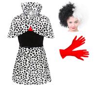Girls Evil Dog Lady Dalmatian Print Fancy Dress Costume - Medium - Dalmatian Print Dress & Wig - Perfect For Halloween Or World Book Day Fancy Dress