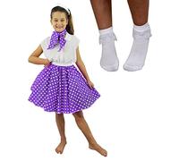 CHILDS DELUXE ROCK N ROLL SKIRT FANCY DRESS COSTUME SET - AMETHYST PURPLE POLKA DOT SKIRT (PURPLE WITH WHITE SPOTS PLUS WHITE SOCKS)