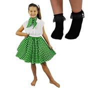 CHILDS DELUXE ROCK N ROLL SKIRT FANCY DRESS COSTUME SET - EMERALD GREEN POLKA DOT SKIRT (GREEN WITH WHITE SPOTS PLUS BLACK SOCKS)