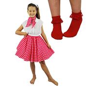 CHILDS DELUXE ROCK N ROLL SKIRT FANCY DRESS COSTUME SET - HOT PINK POLKA DOT SKIRT (PINK WITH WHITE SPOTS PLUS RED SOCKS)
