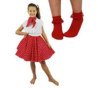 CHILDS DELUXE ROCK N ROLL SKIRT FANCY DRESS COSTUME SET - RUBY RED POLKA DOT SKIRT (RED WITH BLACK SPOTS PLUS PINK SOCKS)