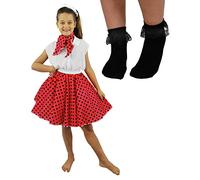CHILDS DELUXE ROCK N ROLL SKIRT FANCY DRESS COSTUME SET - RUBY RED POLKA DOT SKIRT (RED WITH BLACK SPOTS PLUS BLACK SOCKS)