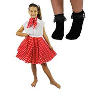 CHILDS DELUXE ROCK N ROLL SKIRT FANCY DRESS COSTUME SET - RUBY RED POLKA DOT SKIRT (RED WITH WHITE SPOTS PLUS BLACK SOCKS)