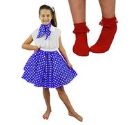 CHILDS DELUXE ROCK N ROLL SKIRT FANCY DRESS COSTUME SET - SAPPHIRE BLUE POLKA DOT SKIRT (BLUE WITH WHITE SPOTS PLUS RED SOCKS)