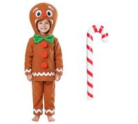 Childs Gingerbread Man Costume - 3 Pc Top, Trousers And Inflatable Candy Cane - Cute Kids Novelty Play Panto Holiday Xmas Cookie Christmas Unisex Fancy Dress