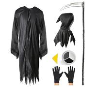 Childs Grim Reaper Halloween Fancy Dress Costume Set - Black Robe + 134 cm Scythe + Gloves - Boys Death Reaper Set