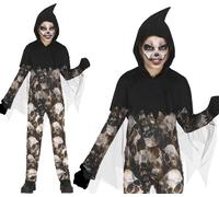 Childs Halloween Death Reaper Fancy Dress Costume & Skulls Print Kids Outfit fg