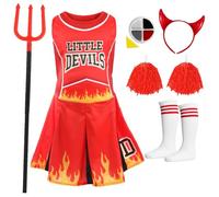 Childs Halloween Devil Cheerleader - Large - Cheerleader Dress + Socks + Pom Poms + Face Paint + Horns + Devil Pitchfork - Perfect for Halloween