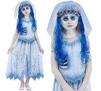 Smiffys Corpse Bride Emily Costume for Kids, Dress and Headband with Veil and Hair Pieces, Officially Licensed, Flower Headband and Rib Detail, Ideal for Matching Family Fancy Dress
