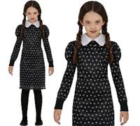 Childs Halloween Gothic Schoolgirl Fancy Dress Costume Print Wednesday Dress fg.