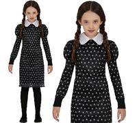 Childs Halloween Gothic Schoolgirl Fancy Dress Costume Print Wednesday Dress fg.