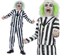 Smiffys Beetlejuice Child Costume with Jacket Mock Shirt Tie and Trousers Officially Licensed Warner Brothers Halloween Fancy Dress Classic Beetlejuice Stripes, Age 10-12