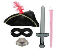 Childs Highway Rat Accessory Set - Black Tricorn Hat with Red Feather, Eye Mask, Mouse Nose, Toy Sword and Pink Tail - Kids Storybook Bandit Character Fancy Dress for World Book Day