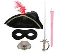 Childs Highway Rat Accessory Set - Black Tricorn Hat with Red Feather, Eye Mask, Rat Nose, Toy Sword and Pink Tail - Kids Storybook Bandit Character Fancy Dress for World Book Day
