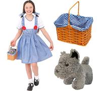 Childs Kansas Girl Costume - Medium - Blue Gingham Dress, Matching Hair Ties, Blue Gingham Basket and Plush Toy Dog - Kids World Book Day Book Week Fancy Dress Costume