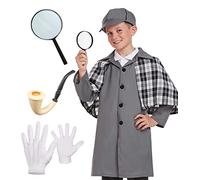 Childs Kids Victorian Detective Spy Costume Boys Secret Agent Historical Book Day Outfit - HAT, JACKET with ATTACHED CAPE, MAGNIFYING GLASS, FAKE PIPE & GLOVES (4-6 years), Grey